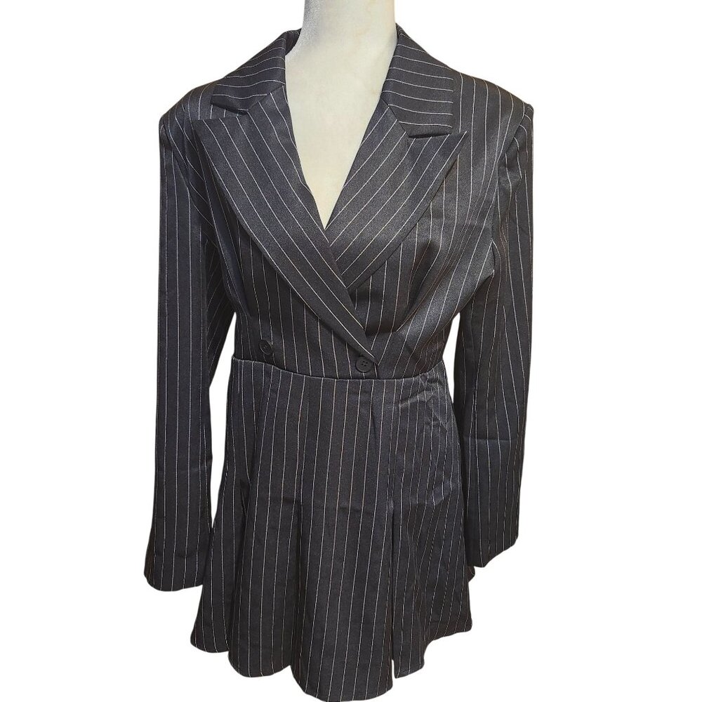 Cider Women's Size Medium Black Striped Split Button Blazer Mini Dress Pleated